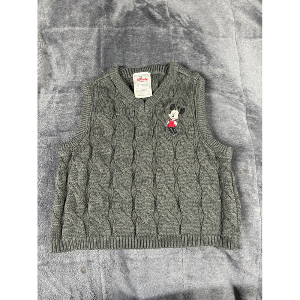 Disney Store Mickey Mouse Kids Gray Cable Knit Sweater Vest V-Neck 24M Vintage